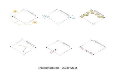 isometric architecture site analysis symbol icon element drawing graphic flat isolated vector. architecture element line sun wind sound sun path vegetation.