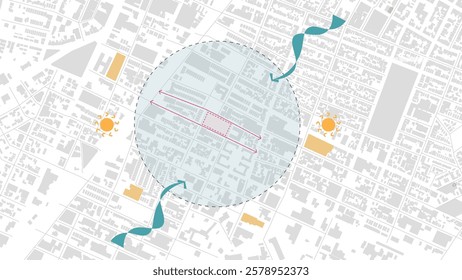 isometric architecture site analysis symbol icon element drawing graphic flat isolated vector. architecture element line sun wind sound sun path vegetation.