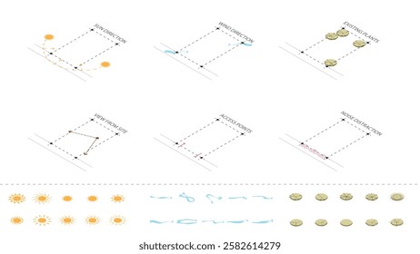 isometric architecture site analysis symbol icon element drawing graphic flat isolated vector. architecture element line sun wind sound sun path vegetation.