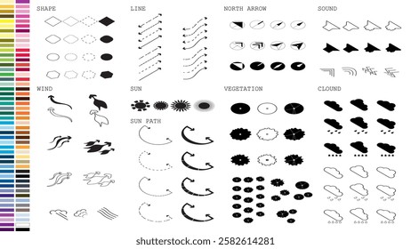 isometric architecture site analysis symbol icon element drawing graphic flat isolated vector. architecture element line sun wind sound sun path vegetation.