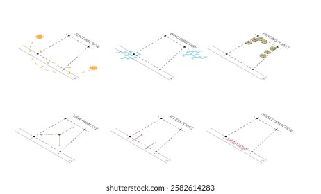 isometric architecture site analysis symbol icon element drawing graphic flat isolated vector. architecture element line sun wind sound sun path vegetation.