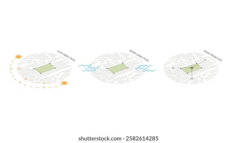 isometric architecture site analysis symbol icon element drawing graphic flat isolated vector. architecture element line sun wind sound sun path vegetation.