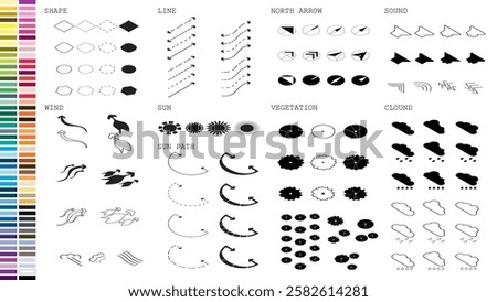 isometric architecture site analysis symbol icon element drawing graphic flat isolated vector. architecture element line sun wind sound sun path vegetation.