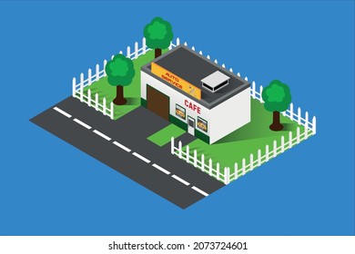 Arquitectura isométrica. Servicio automático isométrico vectorial. Casa isométrica, árboles, valla. Ciudad vectorial volumétrica. Reparación de coches. Garaje vectorial. Reparación automática.