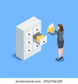 isometric archival cabinet with a retractable shelf and and a business woman with a folder, in color on a white background, working with documents in the archive