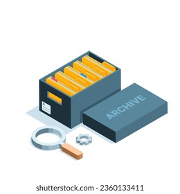 isometric archive box with folders in color on white background, archive or file storage