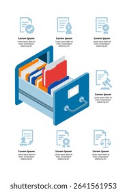 An isometric archive box for storing documents. A place for storing folders containing documents. Vector illustration stock.