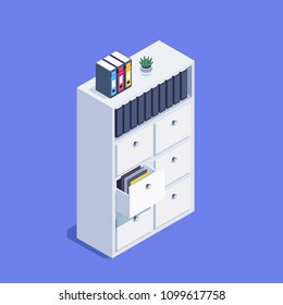 Isometric archive cabinet. 3d file storage with folders. Office furniture. Vector illustration.