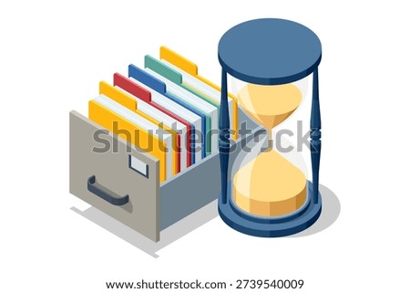 Isometric archive drawer with folder and hourglass. Document storage and time management business. Archive drawer with colorful folder next to hourglass. Document storage, deadline control and time
