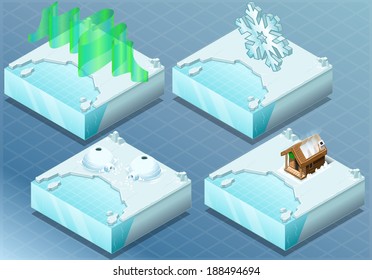 Isometric Arctic North Pole Glacier Igloo, Aurora, Sauna, Water Snow Flake Greenland. Vector 3D illustration Isometric Igloo Arctic Snow Glacier. 