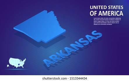 Isometric ARKANSAS State map on blue and glowing background. 3D Detailed Map in perspective with place for your text or description.Technology Information Graphic Elements for Website, app, UI, Travel