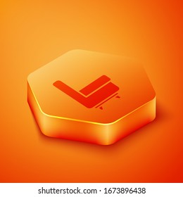 Isometric Armchair icon isolated on orange background. Orange hexagon button. Vector Illustration