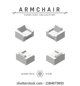 Isometric armchair. Set of icons in four positions. White geometric furniture in scandinavian style. Flat vector illustration isolated on a white background.