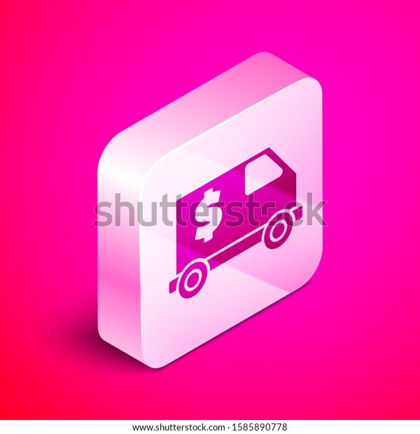Isometric Armored truck icon\
isolated on pink background. Silver square button. Vector\
Illustration