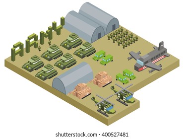 Isometric Army Base Camp With Tank Helicopter Military