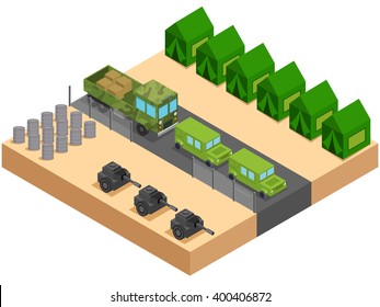 Isometric Army Camp With Car And Truck. Vector Illustration