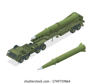 Isometric Army Tractor With A Rocket. Medium Range Ballistic Missile. Conventional High Explosive-unitary, Penetration, Sub-munitions, Incendiary, Thermobaric, Strategic Nuclear Weapon