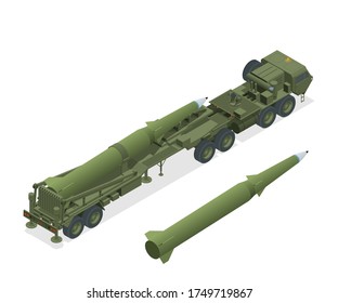 Isometric Army Tractor With A Rocket. Medium Range Ballistic Missile. Conventional High Explosive-unitary, Penetration, Sub-munitions, Incendiary, Thermobaric, Strategic Nuclear Weapon