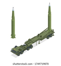 Isometric Army Tractor With A Rocket. Medium Range Ballistic Missile. Conventional High Explosive-unitary, Penetration, Sub-munitions, Incendiary, Thermobaric, Strategic Nuclear Weapon