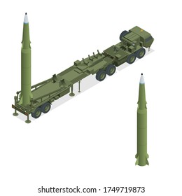 Isometric Army Tractor With A Rocket. Medium Range Ballistic Missile. Conventional High Explosive-unitary, Penetration, Sub-munitions, Incendiary, Thermobaric, Strategic Nuclear Weapon