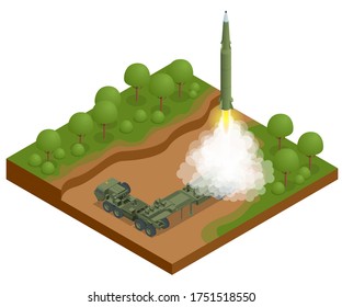 Isometric Army Tractor With A Rocket. Medium Range Ballistic Missile. Conventional High Explosive-unitary, Penetration, Sub-munitions, Incendiary, Thermobaric, Strategic Nuclear Weapon