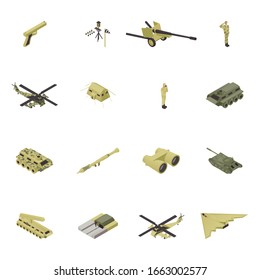 Isometric Army Vector Illustration, Military Weapon For War, Guns Design Isolated Set. Armed Camouflage People Combat Collection, Soldier In Uniform And Object Force, Vehicle, Tank, Helicopter, Ship.