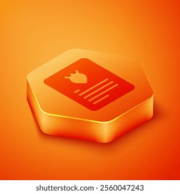 Isometric The arrest warrant icon isolated on orange background. Warrant, police report, subpoena. Justice concept. Orange hexagon button. Vector