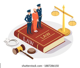 Isometric arrested offender with policeman characters standing on Law book, scales of justice, gavel, handcuffs, flat vector illustration. Police officers arresting criminal, thief. Law and justice.