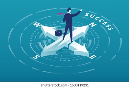 Isometric arrow of compass with businessman pointing to success slogan. Business vector concept illustration