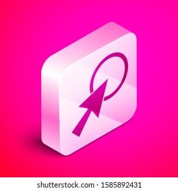 Isometric Arrow cursor icon isolated on pink background. Silver square button. Vector Illustration
