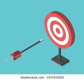 Isometric arrow flying into target on turquoise blue background. Goal, achievement, and targeting concept. Flat design. EPS 8 vector illustration, no transparency, no gradients