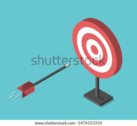 Isometric arrow flying into target on turquoise blue background. Goal, achievement, and targeting concept. Flat design. EPS 8 vector illustration, no transparency, no gradients