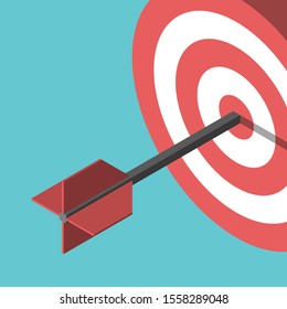 Isometric arrow hitting centre of target on turquoise blue background, closeup. Focus, achievement, targeting, success and goal concept. Flat design. Vector illustration, no transparency, no gradients