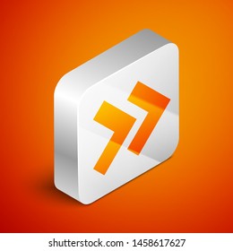 Isometric Arrow icon isolated on orange background. Direction Arrowhead symbol. Navigation pointer sign. Silver square button. Vector Illustration