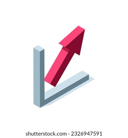 isometric up arrow icon in red color on white background, financial growth and business progress