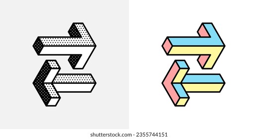 Isometric arrow logo. Optical illusion sign. Retro 3D icons set with black and white polka dots and colored options. Vector impossible shape for halftone label, crypto company, vintage posters.