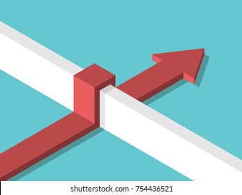 Flecha isométrica sobrepasando la pared sobre fondo azul turquesa. Desafío, éxito, desarrollo y concepto de solución. Diseño plano. Ilustración vectorial, sin transparencia, sin degradados