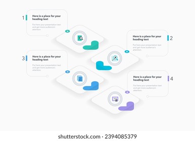 Isometric arrow process flow diagram with four colorful steps. Presentation template with thin lines and flat icons. 