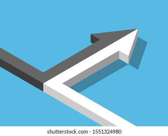 Isometric arrow of two black and white ones merging on blue background. Merger, alliance, partnership and relationship concept. Flat design. Vector illustration, no transparency, no gradients