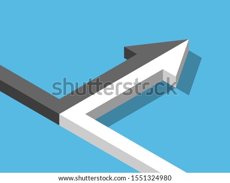 Isometric arrow of two black and white ones merging on blue background. Merger, alliance, partnership and relationship concept. Flat design. Vector illustration, no transparency, no gradients