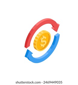 isometric arrows around a coin with the dollar icon, in color on a white background, currency exchange