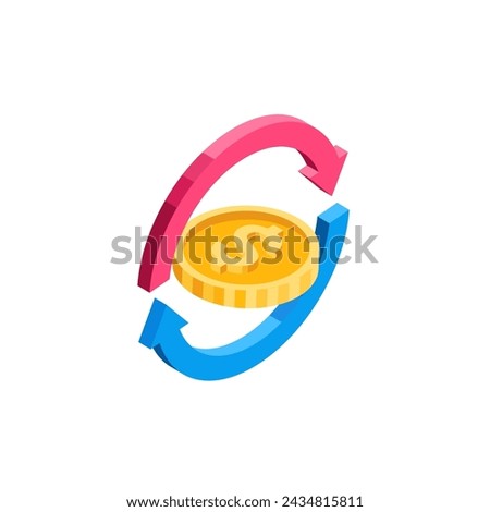 isometric arrows around a coin with the dollar icon, in color on a white background, currency exchange