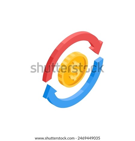 isometric arrows around a coin with the dollar icon, in color on a white background, currency exchange