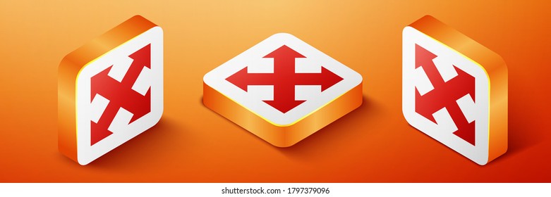 Isometrische Pfeile in vier Richtungen Symbol einzeln auf orangefarbenem Hintergrund. Orangefarbene Quadrat-Taste. Vektorgrafik.