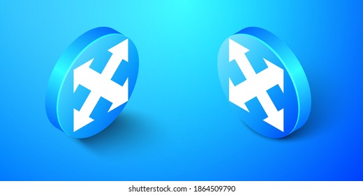 Isometric Arrows en cuatro direcciones icono aislado en fondo azul. Botón de círculo azul. Vector.