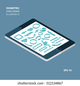 Isometric arrows, lines and geometric shapes. Hand drawn design elements. Vector illustration.