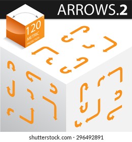 Isometric Arrows V1 - Infographic Layout Elements, Web Icons, UI Design. Flat Linear Arrows Drawn in Isometric Projection on Top, Left and Right Side of the Cube.  Solid, Dotted and Dashed Arrow Lines