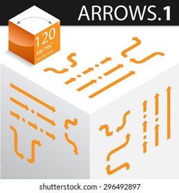 Isometric Arrows V1 - Infographic Layout Elements, Web Icons, UI Design. Flat Linear Arrows Drawn in Isometric Projection on Top, Left and Right Side of the Cube.  Solid, Dotted and Dashed Arrow Lines