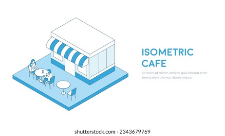 Isometric art cafe building outline vector.  
