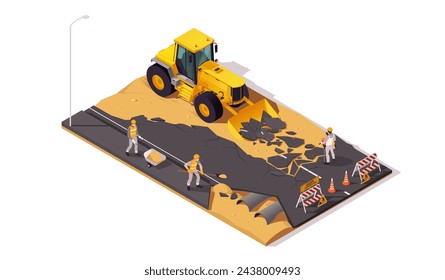 An isometric art of a construction site featuring a bulldozer, workers, and various construction equipment. Vector illustration